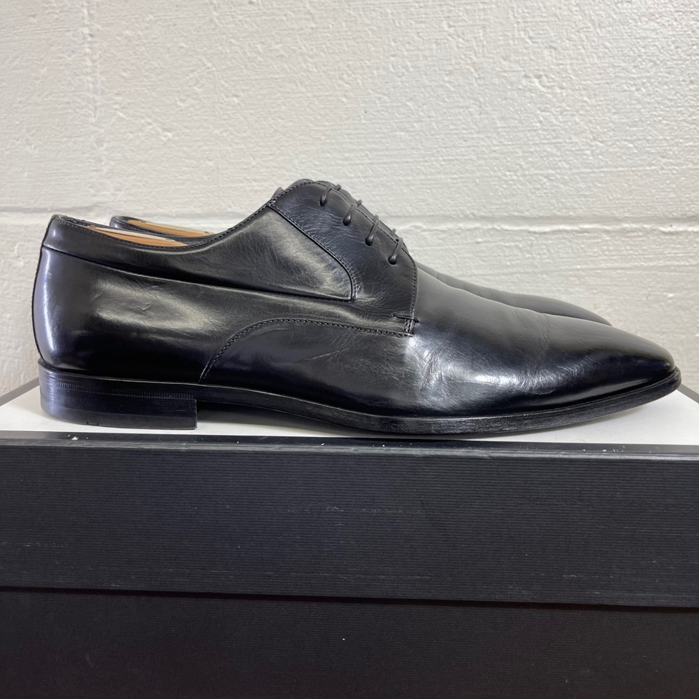 BOSS Hugo Boss 14402 Black Leather Oxford Derby Dress Shoes Mens 8 Made In Italy